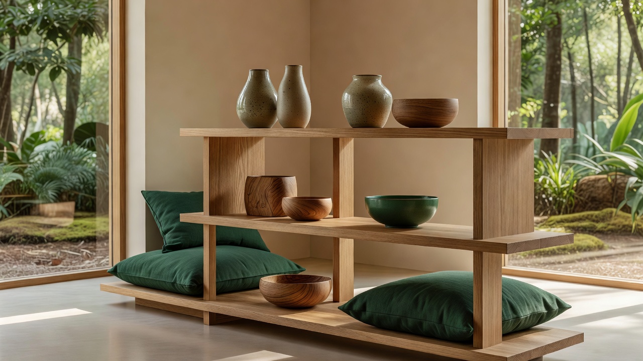 検品を待つ木製の棚と作品